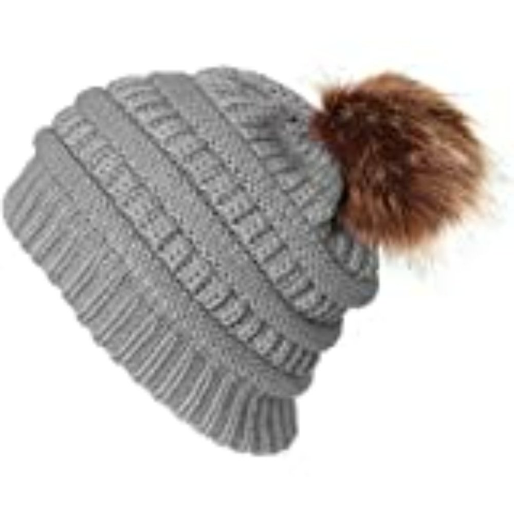 Pilipala Womens Winter Knit Beanie Hat Slouchy Warm Pom Pom Hat Faux Fur Cap NEW